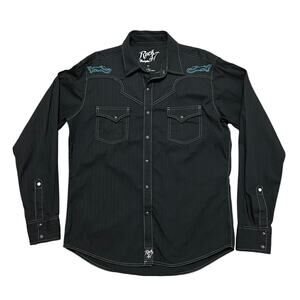 Rock 47 Wrangler Western Snap Button Shirt Men's Large Black Blue Cotton
